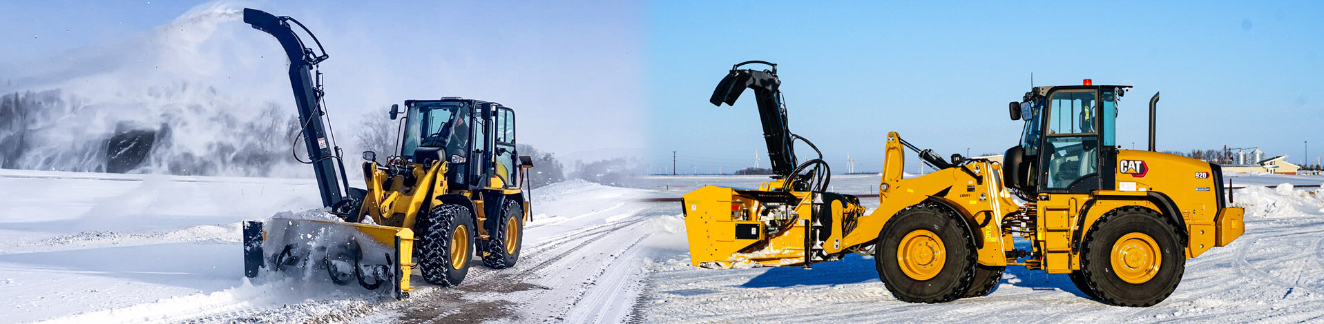 HitchDoc HDS7100 and HDS9200 hydraulic snowblowers mounted on wheel loaders clearing snow